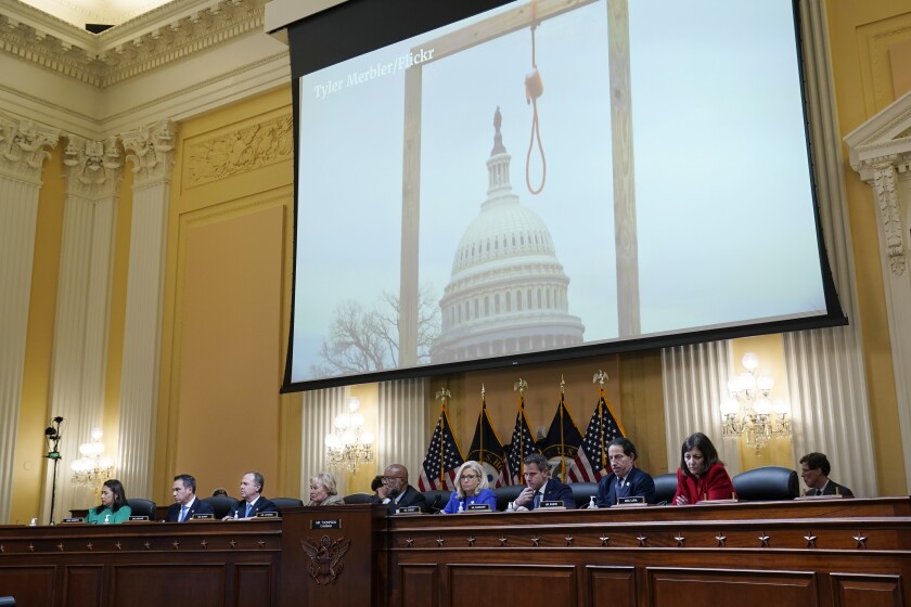An image of a mock gallows on the grounds of the U.S. Capitol on Jan. 6th is shown.