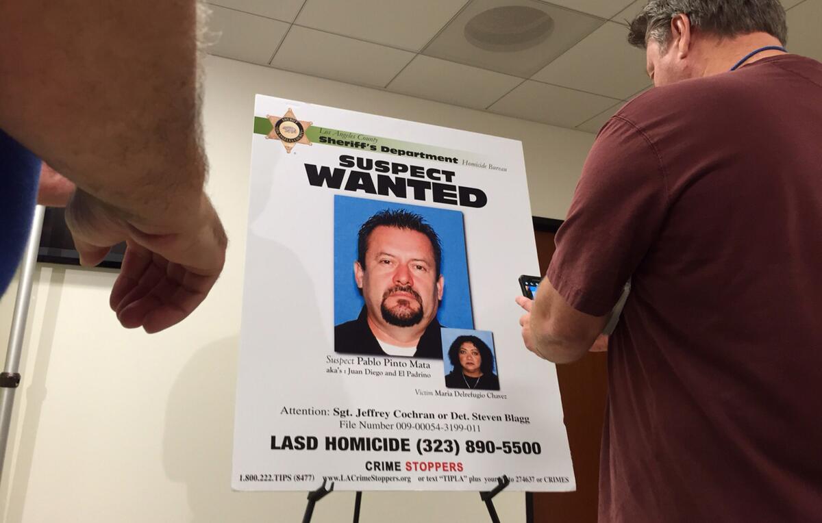 A photo of Pablo Pinto Mata, a suspect in the death of Maria Delrefugio Chavez, is displayed in a sheriff's news conference at the Hall of Justice in downtown Los Angeles.