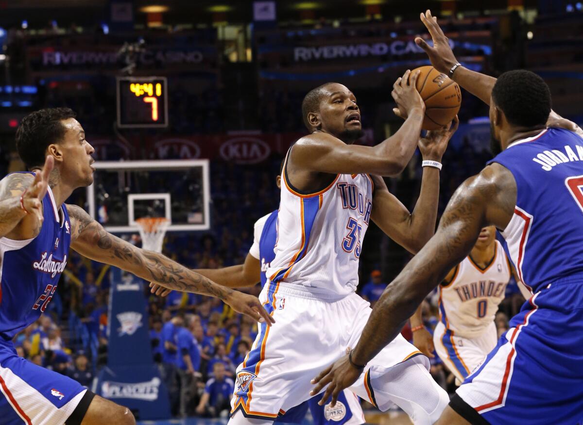 Oklahoma City Thunder forward Kevin Durant, playing against the Clippers on Monday, won his first NBA MVP award Tuesday.