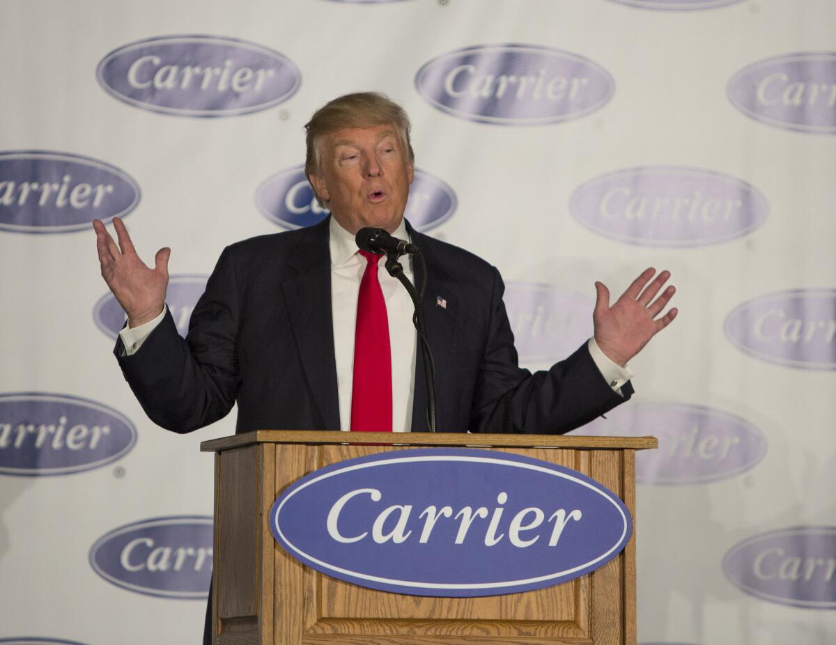 President-elect Donald toured the Indiana Carrier factory. Trump announced a deal struck with Carrier executives to keep nearly 1,000 jobs in the U.S. in his first public appearance since his election on December 1, 2016 in Indianapolis, Indiana. (Lora Olive/Zuma Press/TNS) ** OUTS - ELSENT, FPG, TCN - OUTS **