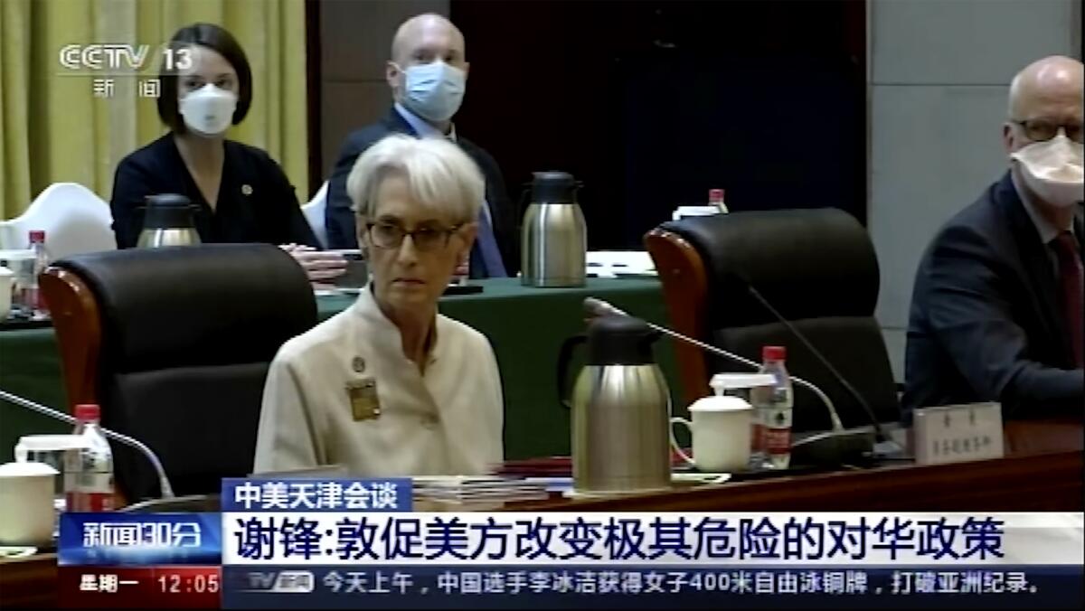 U.S. Deputy Secretary of State Wendy Sherman and her delegation are shown in this image taken from video footage