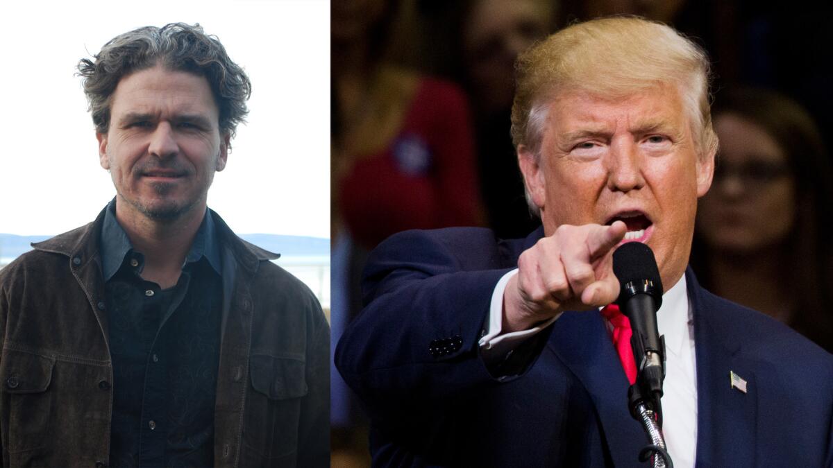 Dave Eggers, left, and Donald Trump.