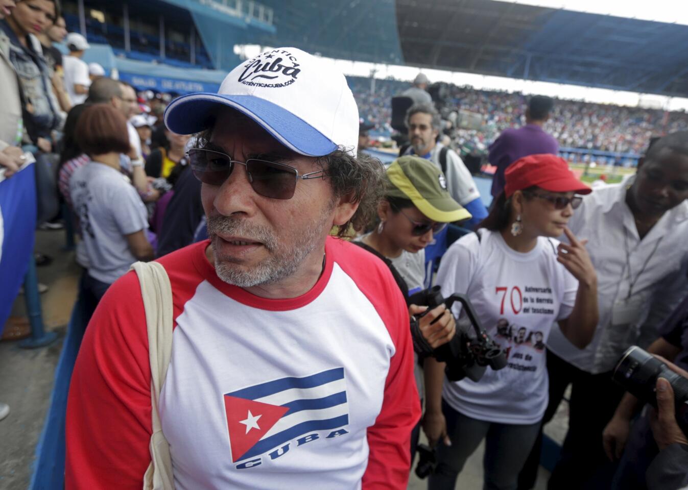 Revolutionary Armed Forces of Colombia (FARC) negotiator Pastor Alape attends an exhibition baseball game between the Cuban National team and the MLB Tampa Bay Rays at the Estadio Latinoamericano in Havana March 22, 2016. REUTERS/Enrique De La Osa ** Usable by SD ONLY **