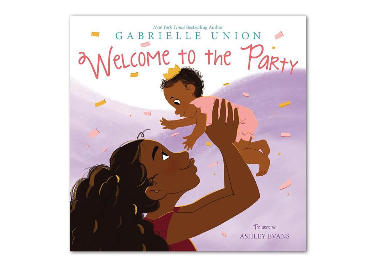 A book cover with an illustration of a woman with a ponytail smiling as she holds a baby above her head.