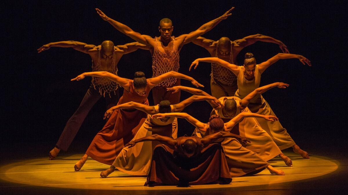 The Alvin Ailey American Dance Theater performs “Revelations” in Los Angeles in 2013. Teachers from the group will present a free dance class Saturday at the Segerstrom Center for the Arts in Costa Mesa.