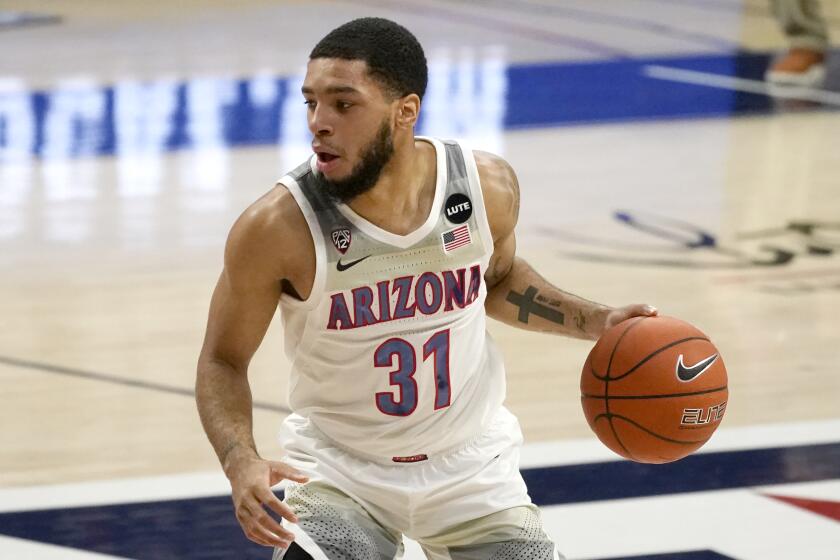 Arizona guard Terrell Brown (31) during the first half of an NCAA college basketball game against Eastern Washington, Saturday, Dec. 5, 2020, in Tucson, Ariz. (AP Photo/Rick Scuteri)
