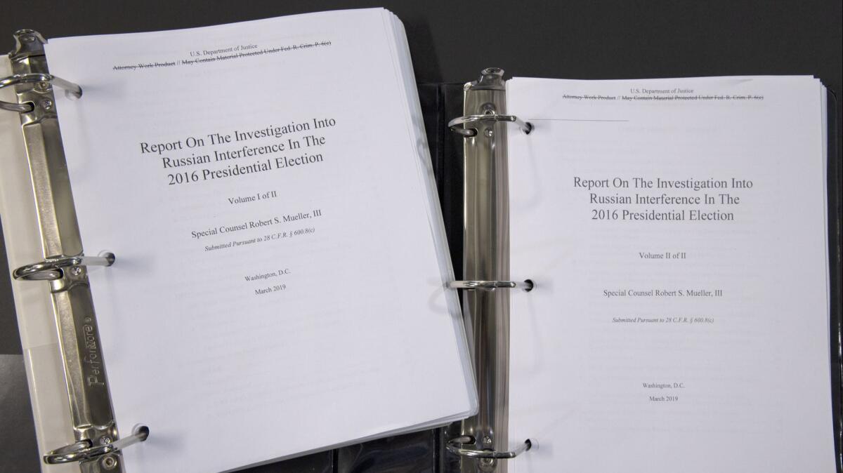 Special counsel Robert S. Mueller III's redacted report on the investigation into Russian interference in the 2016 presidential election is pictured Thursday in Washington, D.C. The report contained two volumes.