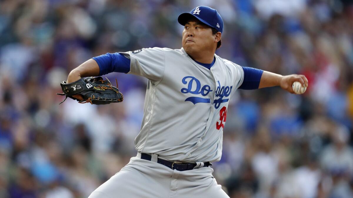 Dodgers starting pitcher Hyun-Jin Ryu delivers against the Colorado Rockies on Friday. Ryu was among the Dodgers named to the National League All-Star team on Sunday.