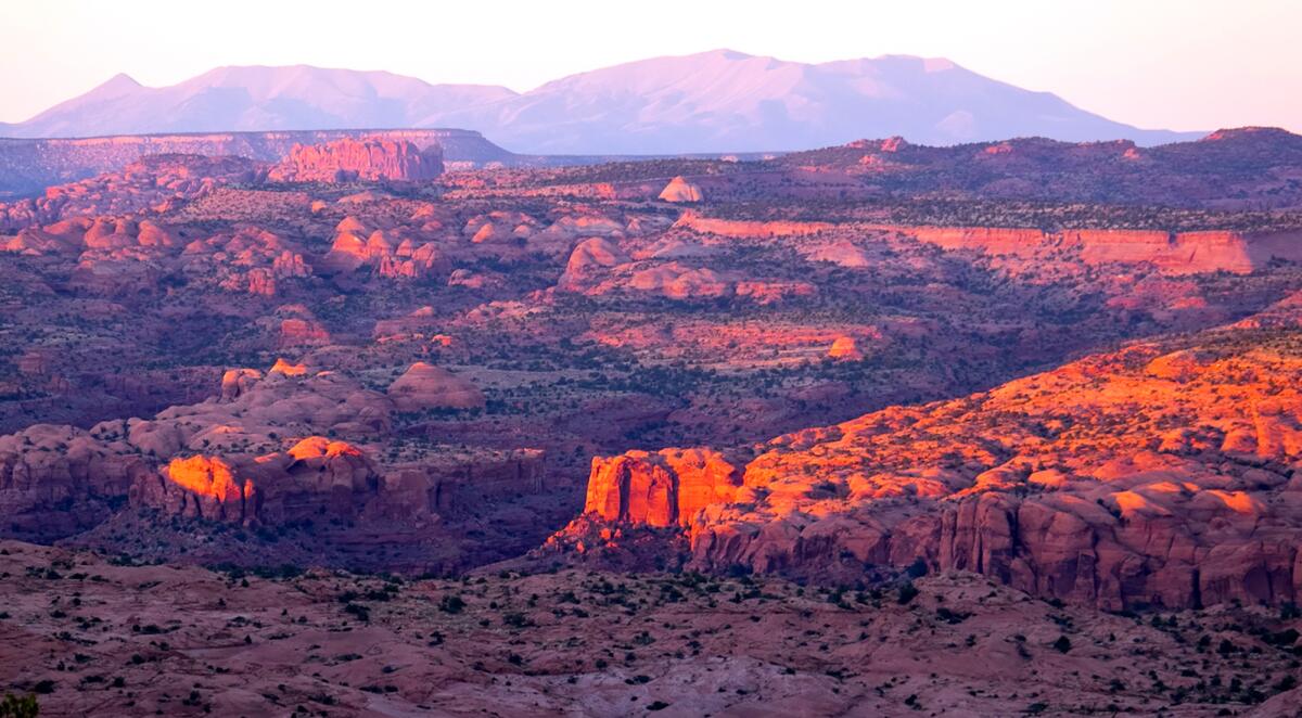 Red rock formations with mountains in the background 