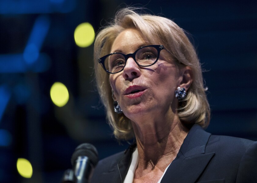 Education Secretary Betsy DeVos at a student town hall in Philadelphia in 2018.