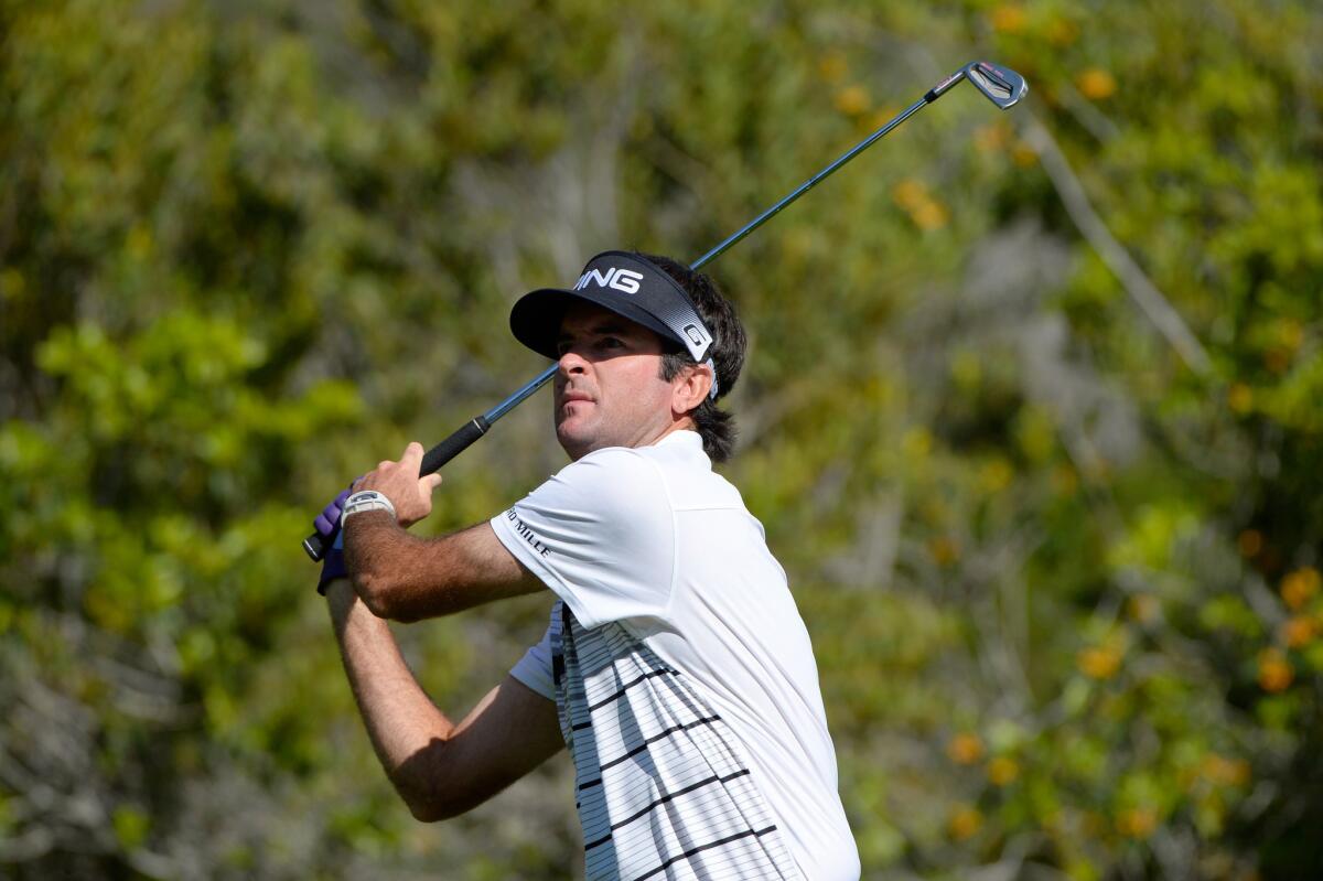 Bubba Watson tees off on the fourth hole Saturday during the third round of Northern Trust Open at Riviera Country Club.