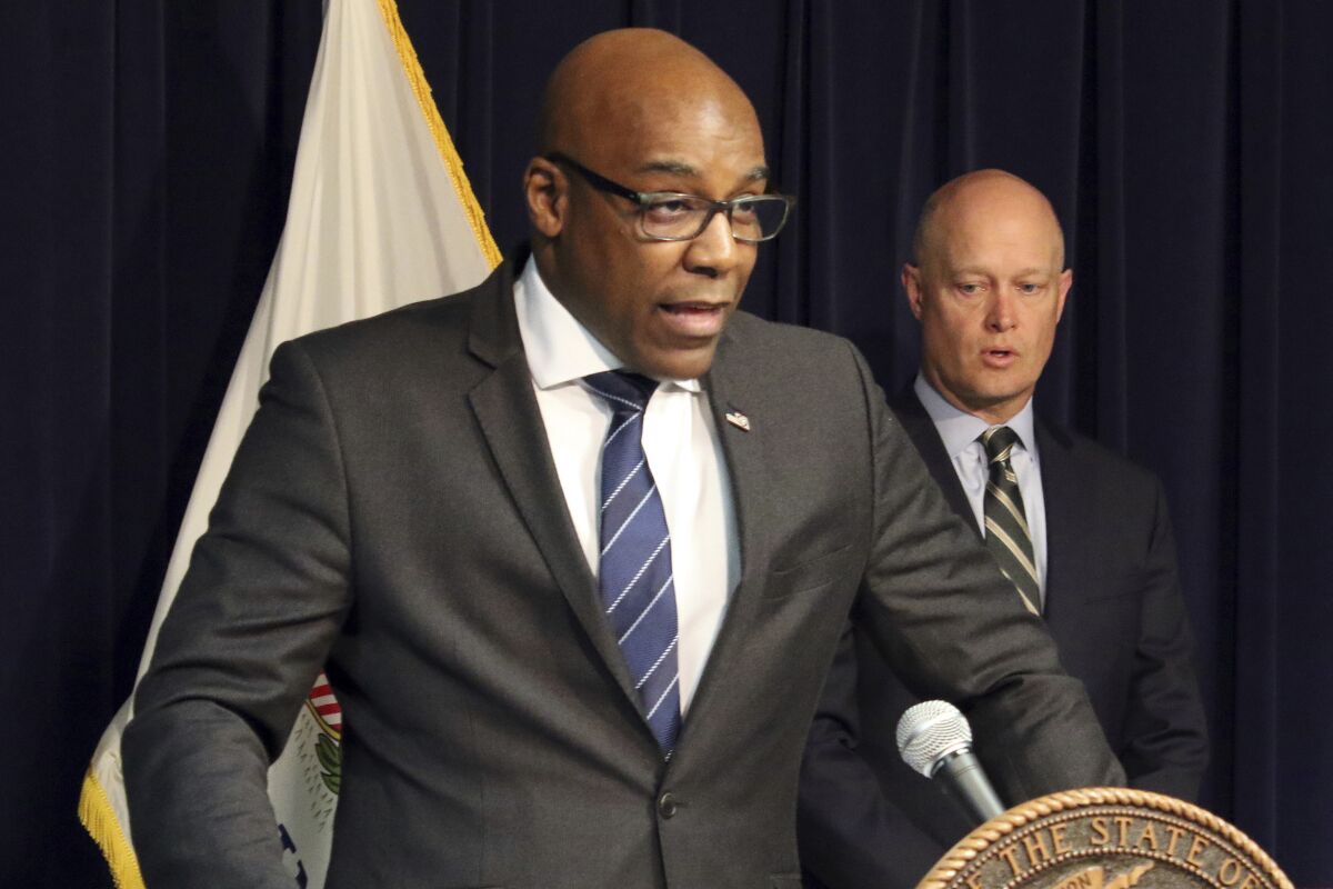 FILE - In this Feb. 11, 2019 file photo, Illinois Attorney General Kwame Raoul speaks during a news conference in Chicago. The Illinois attorney general's office has launched a civil investigation of possible practices of "unconstitutional or lawful policing" in a suburban Chicago police force. Raoul said Wednesday, Sept. 8, 2021, that the probe of the Joliet Police Department was requested by the city's mayor and city council members. (AP Photo/Noreen Nasir, File)