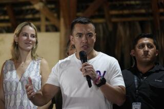 Presidential candidate Daniel Noboa, of the National Democratic Action Alliance political party, speaks in Olon, Ecuador, after results show him ahead in a snap presidential runoff on Sunday, Oct. 15, 2023. (AP Photo/Martin Mejia)