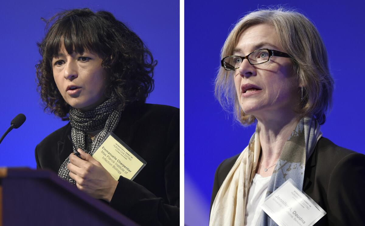 Nobel Prize-winning chemists Emmanuelle Charpentier, left, and Jennifer A. Doudna