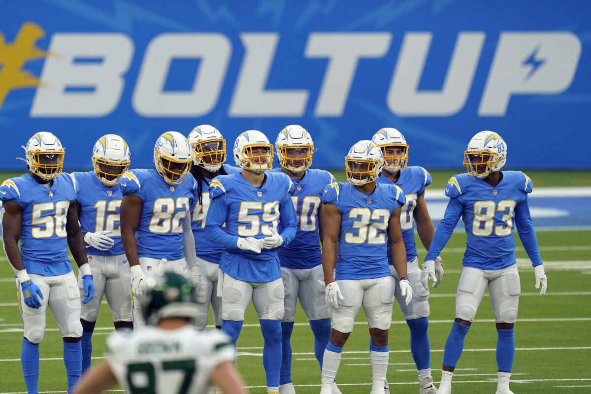 Los Angeles Chargers line up during the second half of an NFL football game against the New York Jets.