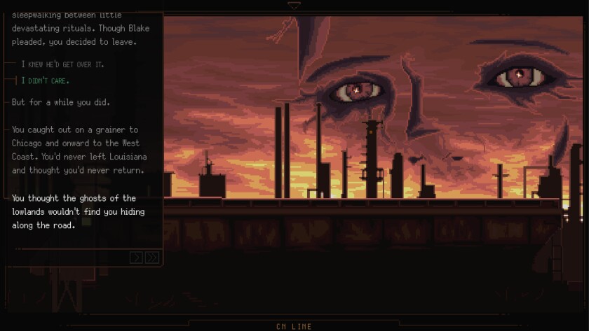 A pair of eyes in the sky overlooking the chimneys, with dialogue on the left side of the screen.