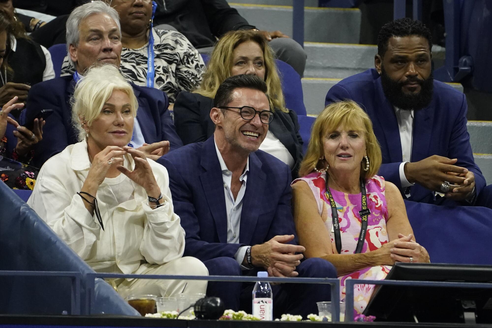 Hugh Jackman watches Serena Williams and Danka Kovinic during the first round of the U.S. Open.