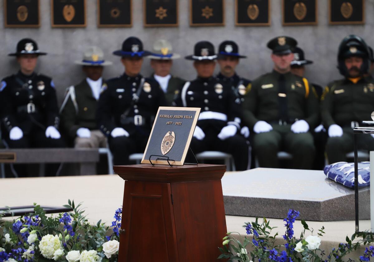 The plaque for fallen Huntington Beach Police Officer Nick Vella.