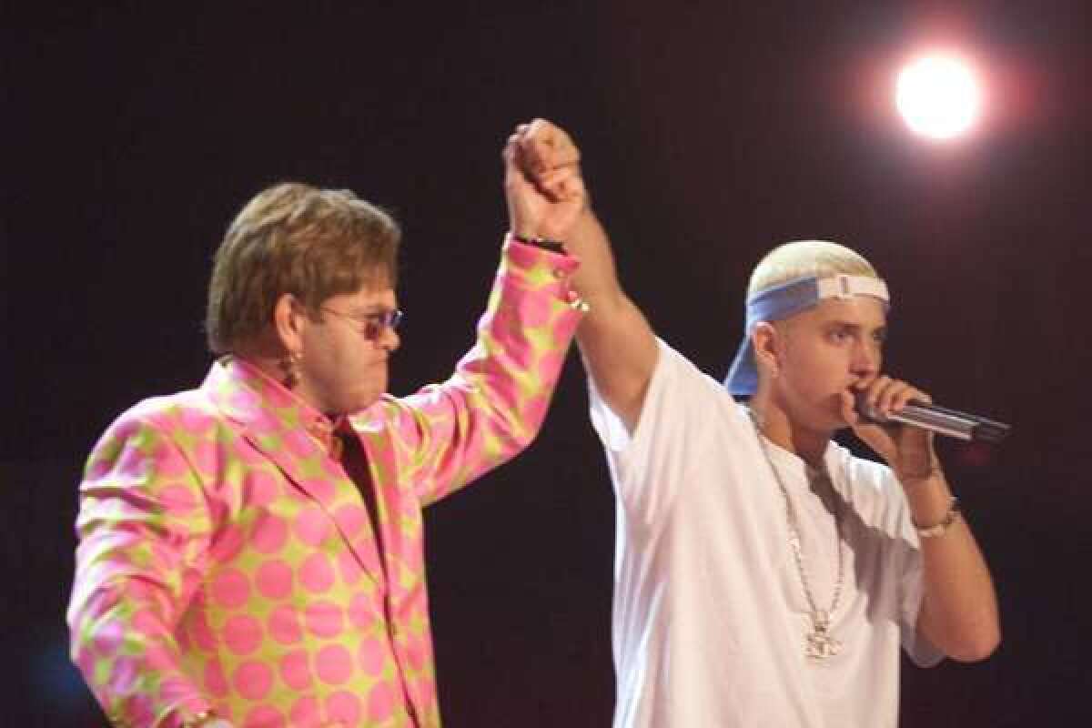 Elton John and Eminem at the 2001 Grammy Awards.