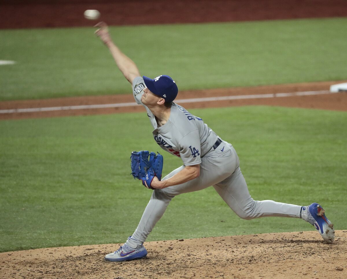 Walker Buehler struck out 10 Rays in six innings during Game 3 of the World Series. (Robert Gauthier/ Los Angeles Times)