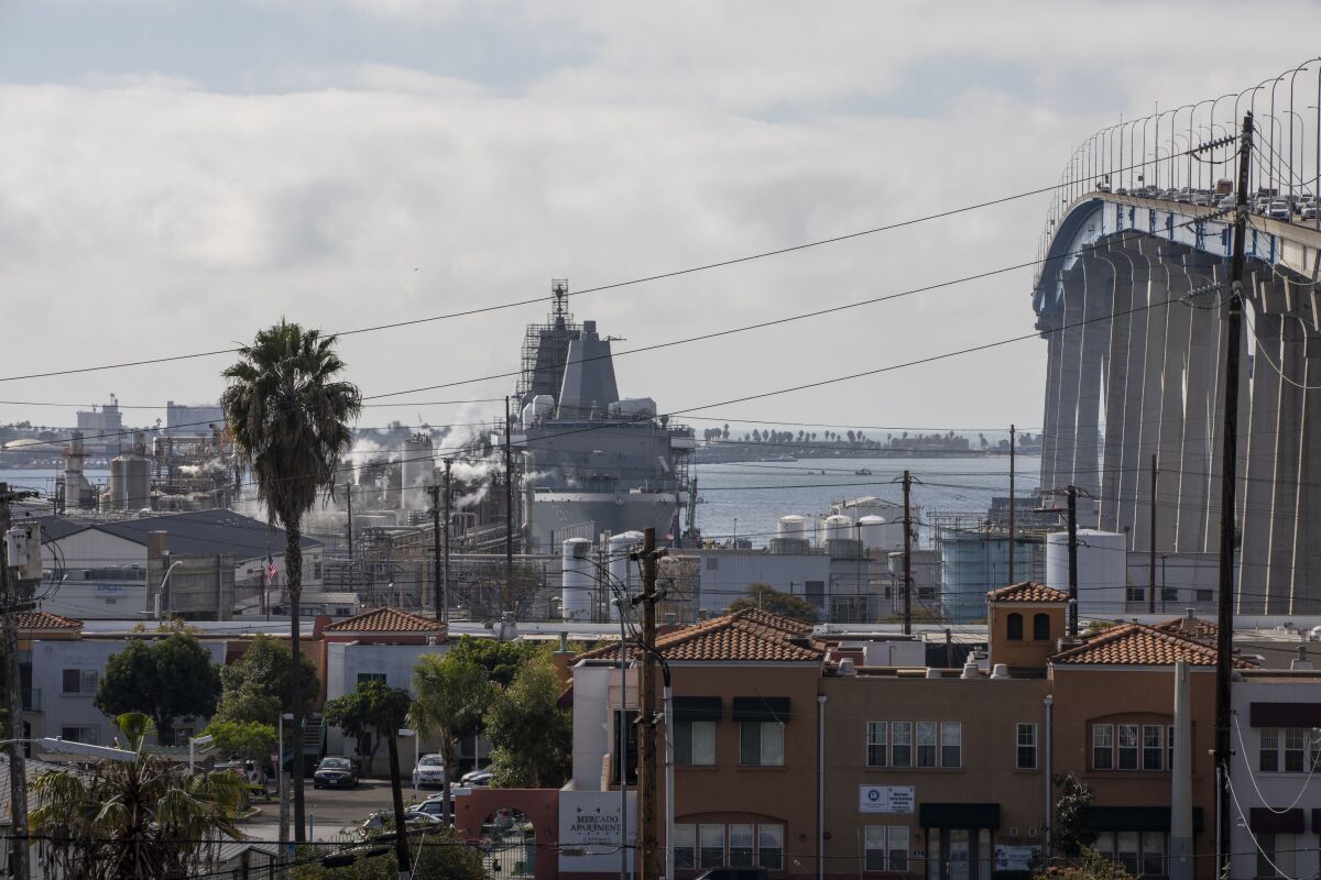 An image of Barrio Logan facing the San Diego Bay