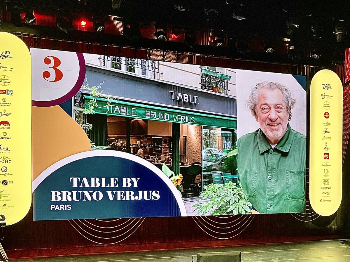 Onstage slide announcing Table by Bruno Verjus at No. 3 on the World's 50 Best Restaurants at the Wynn Las Vegas.