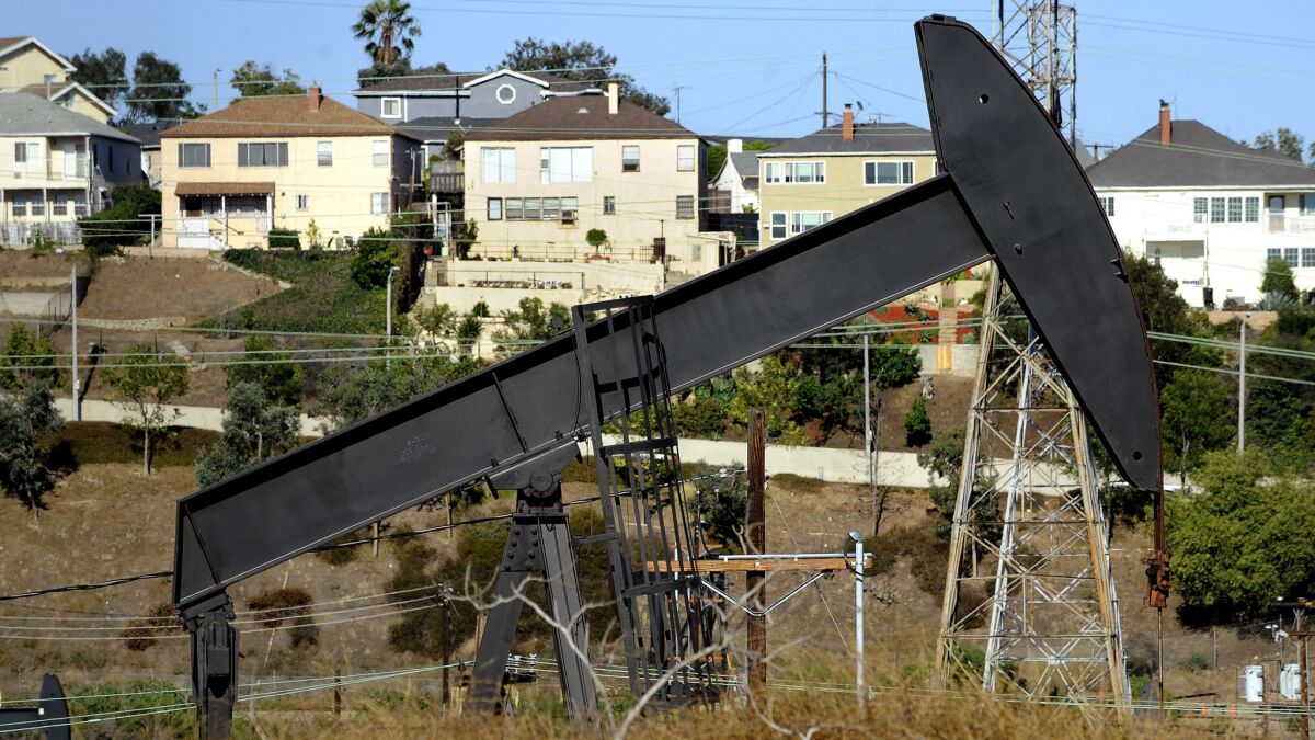 An oil well near homes in Los Angeles. 