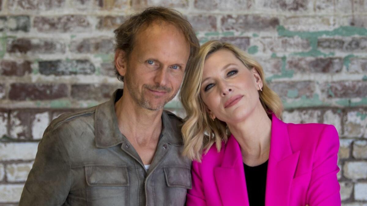 Artist Julian Rosefeldt pauses with actress Cate Blanchett at the L.A. gallery Hauser & Wirth.