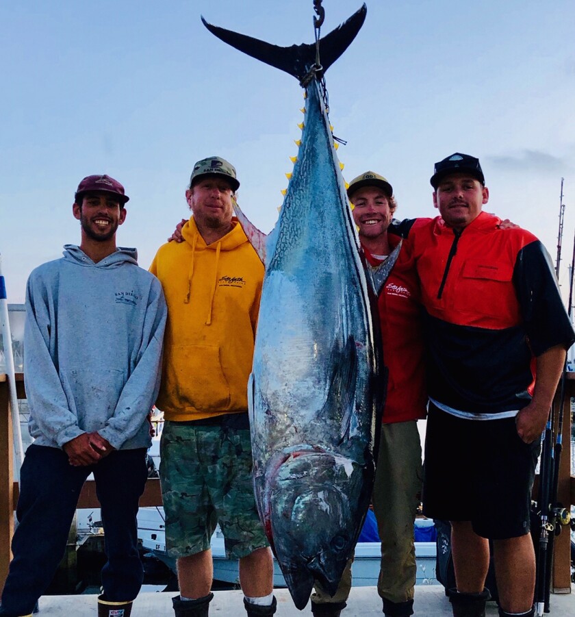 Anglers gather around a 217.5-pound bluefin caught just 20 miles off San Diego.