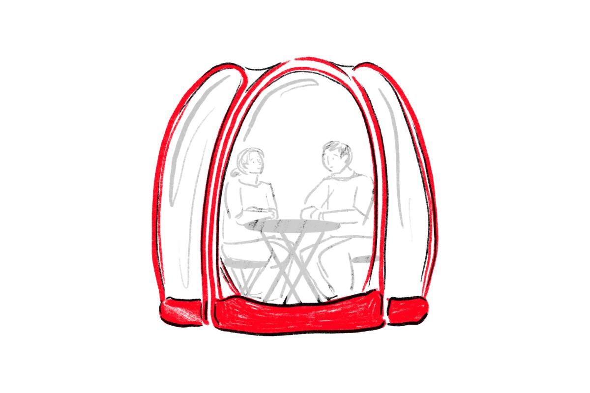 Illustration of diners eating in a clear plastic tent 