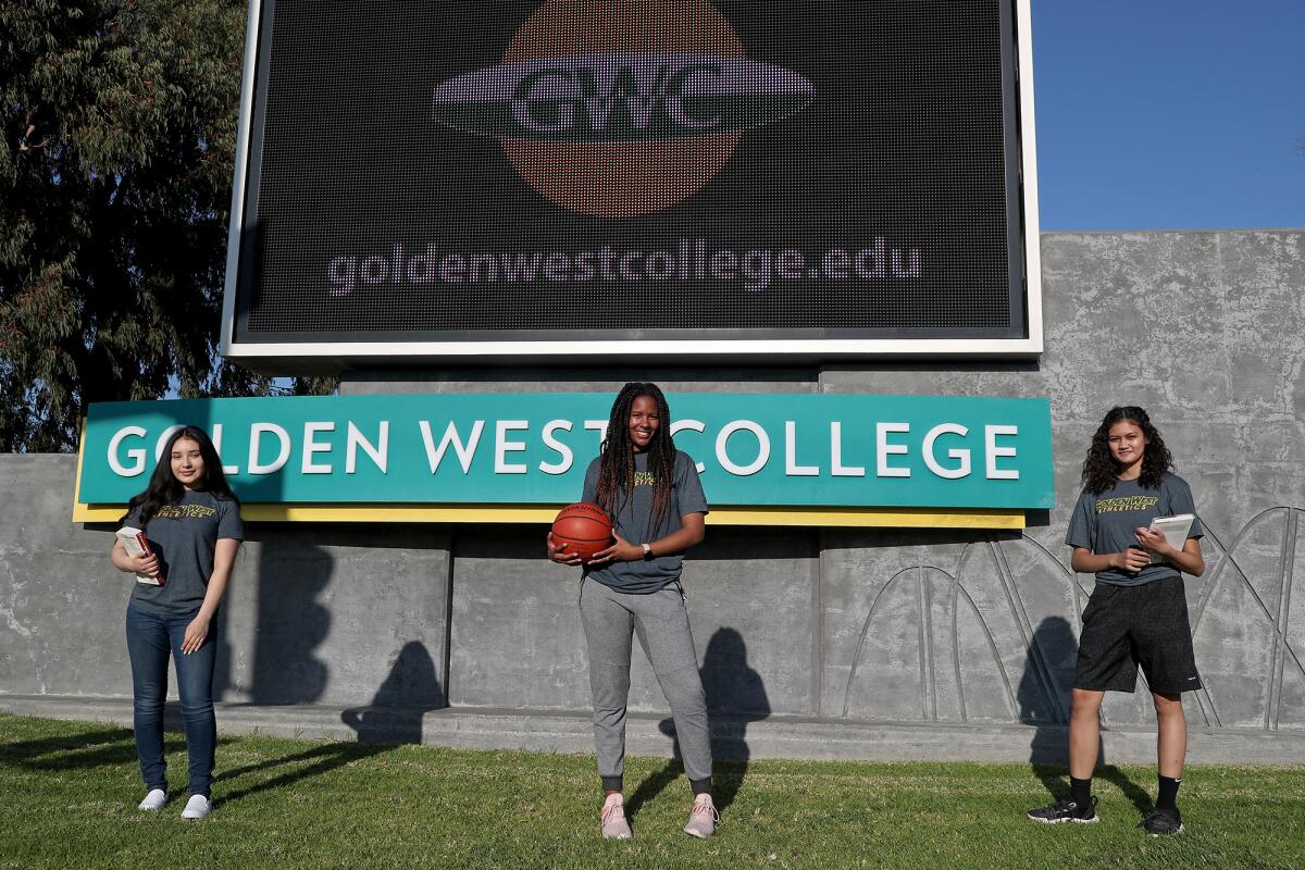 Golden West College women's basketball players, from left, Neylin Zecua, Reyna McMorris and Liliana Parreno.