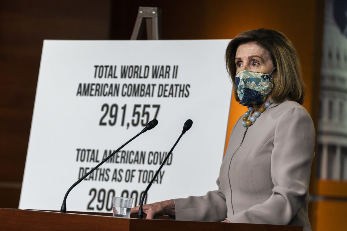 House Speaker Nancy Pelosi of Calif., speaks during a news conference at the Capitol, Thursday, Dec. 10, 2020, in Washington. (AP Photo/Manuel Balce Ceneta)
