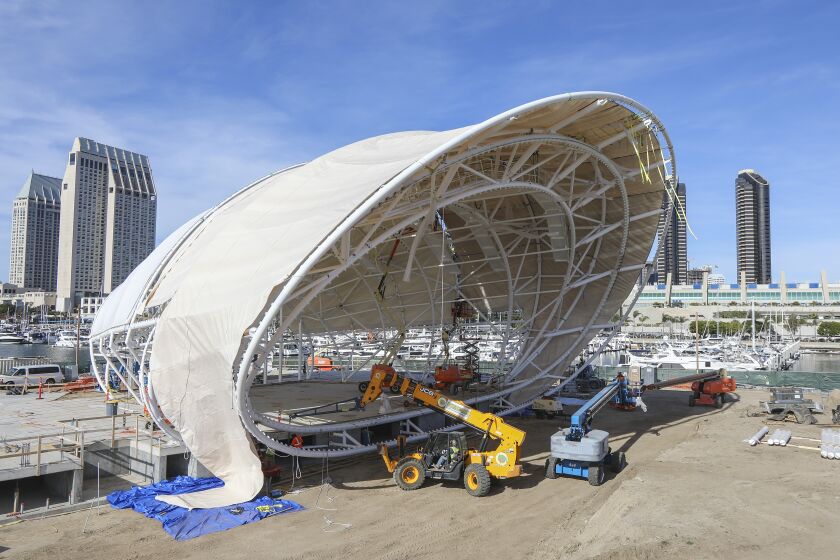 Construction Crews work on the San Diego Symphony's new year round outdoor concert venue called "The Shell" located at Embarcadero Marina Park South behind the San Diego Convention Center on February 5, 2020 in San Diego, California.