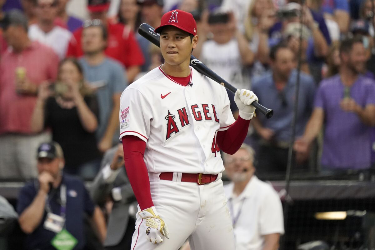 The American League's Shohei Ohtani hits during the MLB home run derby