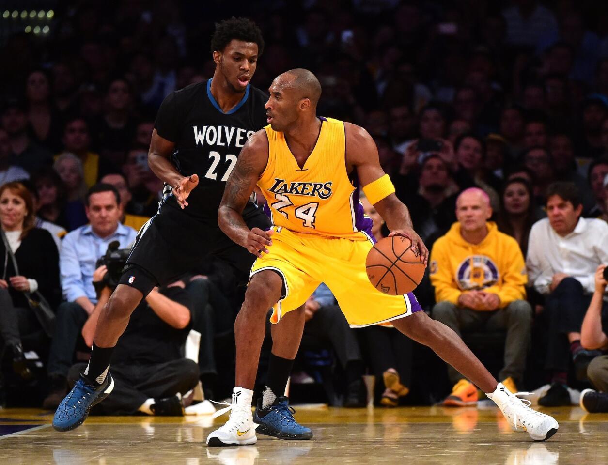 LOS ANGELES, CA - OCTOBER 28: Kobe Bryant #24 of the Los Angeles Lakers posts up Andrew Wiggins #22 of the Minnesota Timberwolves during a 112-111 Laker loss at Staples Center on October 28, 2015 in Los Angeles, California. NOTE TO USER: User expressly acknowledges and agrees that, by downloading and or using this Photograph, user is consenting to the terms and condition of the Getty Images License Agreement. (Photo by Harry How/Getty Images) ** OUTS - ELSENT, FPG, CM - OUTS * NM, PH, VA if sourced by CT, LA or MoD **