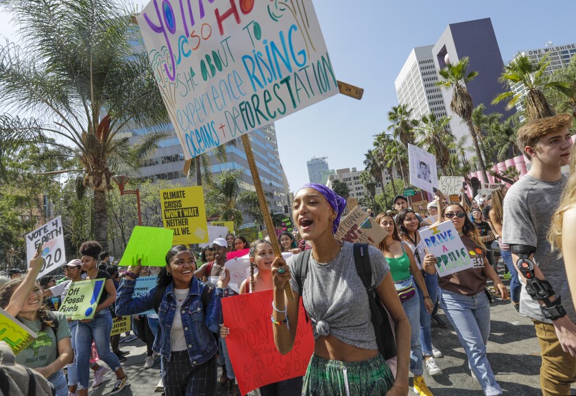 Fifteen-year-old climate protester in a crowd of sign-carrying demonstrators