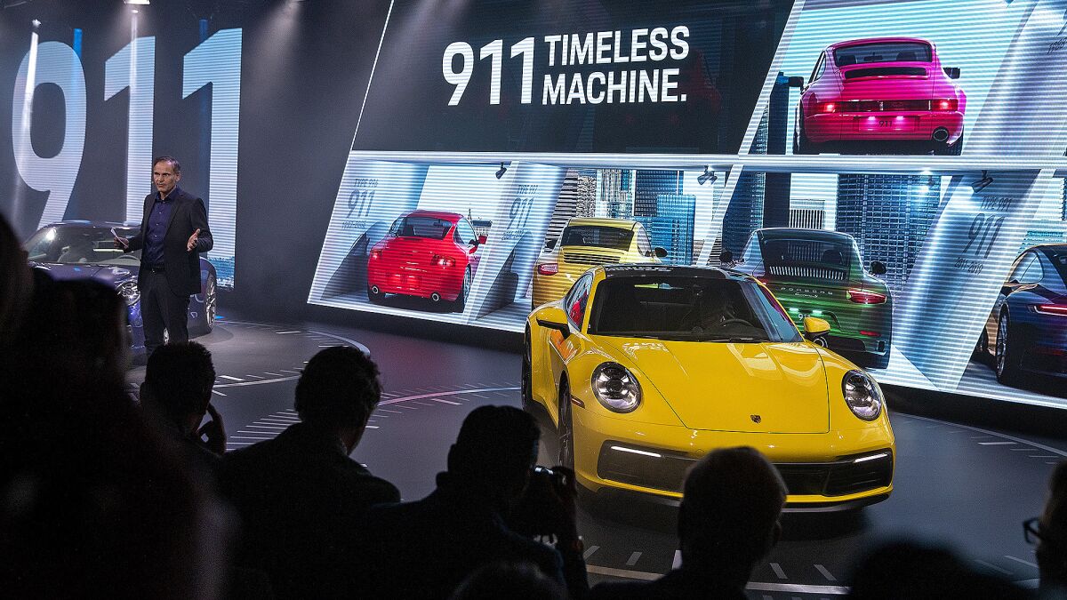 Porsche AG CEO Oliver Blume introduces the 2020 Porsche 911 models at the Los Angeles Auto Show.