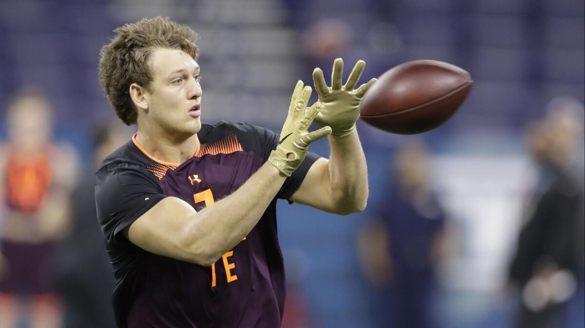 Iowa tight end T.J. Hockenson runs a drill during the NFL scouting combine.