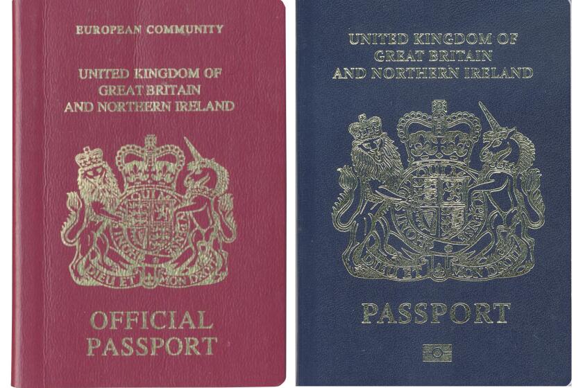(FILES) This file photo released on December 22, 2017 shows a combination image of two handout pictures released by the UK passport office of a burgundy (L) and blue United Kingdom passport. Britain's new, blue post-EU passports are set to be made by a Paris-based firm, reports said March 22, 2018, in what leading Brexit supporters called a "national humiliation". / AFP PHOTO / UK PASSPORT OFFICE / Handout / RESTRICTED TO EDITORIAL USE - MANDATORY CREDIT "AFP PHOTO / UK PASSPORT OFFICE " - NO MARKETING NO ADVERTISING CAMPAIGNS - DISTRIBUTED AS A SERVICE TO CLIENTS HANDOUT/AFP/Getty Images ** OUTS - ELSENT, FPG, CM - OUTS * NM, PH, VA if sourced by CT, LA or MoD **