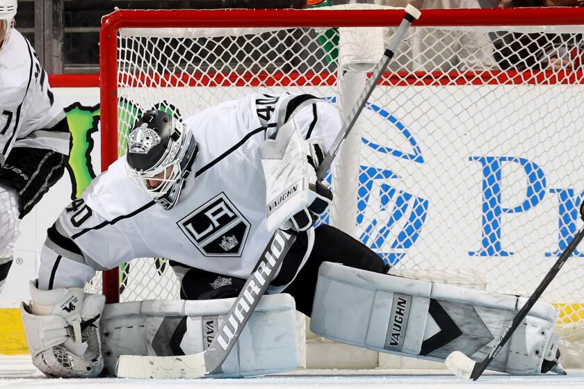 NEWARK, NEW JERSEY - FEBRUARY 08: Calvin Petersen #40 of the Los Angeles Kings stops a shot in the third period against the New Jersey Devils at Prudential Center on February 08, 2020 in Newark, New Jersey.The New Jersey Devils defeated the Los Angeles Kings 3-0. (Photo by Elsa/Getty Images)