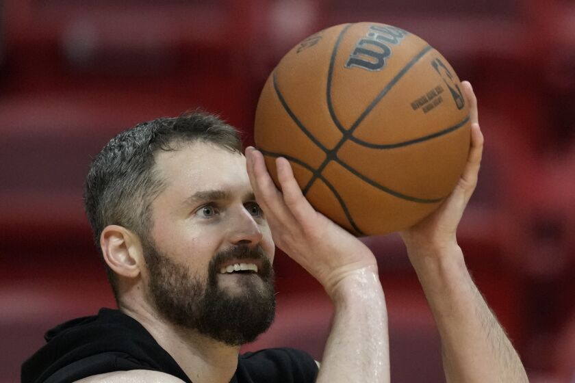 Miami Heat forward Kevin Love shoots during a practice ahead of Game 3 of the NBA Finals, at the Kaseya Center in Miami, Tuesday, June 6, 2023. .(AP Photo/Rebecca Blackwell)