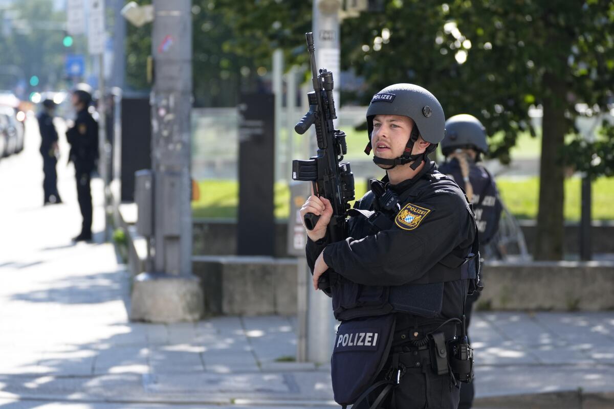 Police officers patrol.