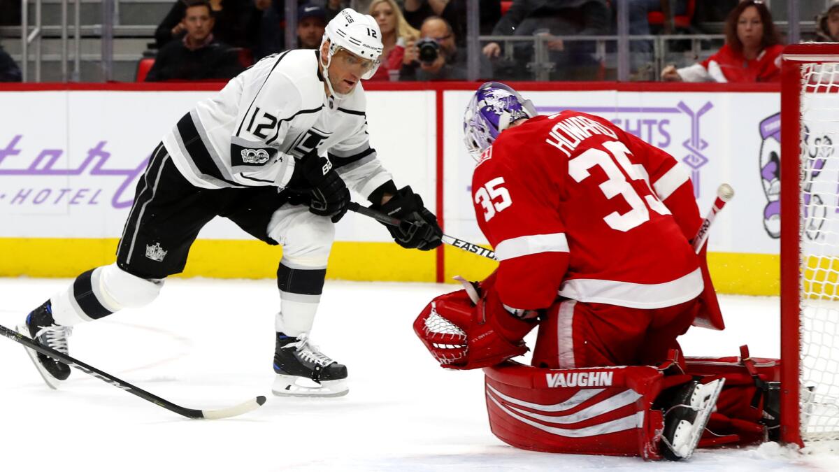 Kings right wing Marian Gaborik has his shot stopped by Red Wings goalie Jimmy Howard during their game Tuesday in Detroit.