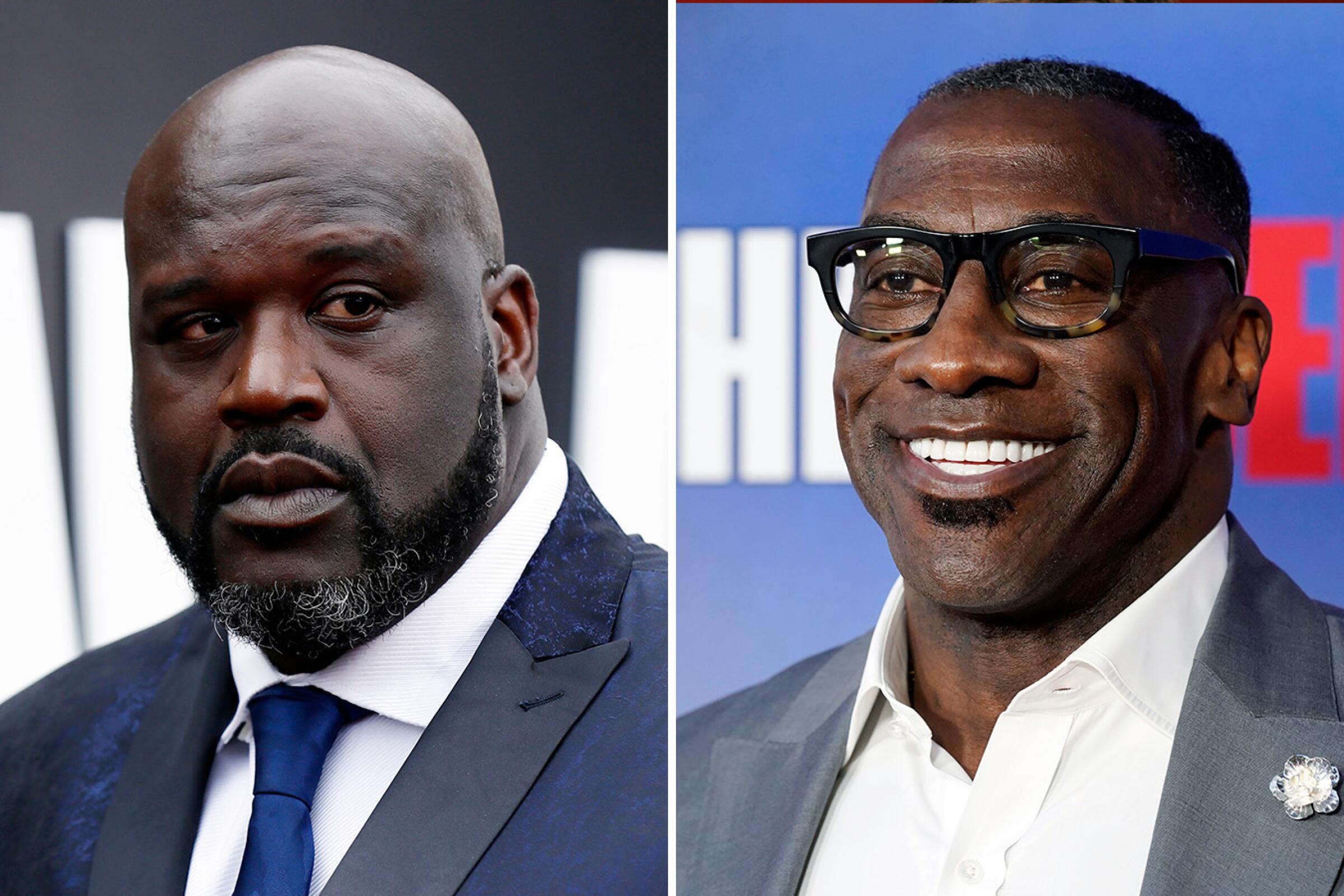 Two photos of Shaquille O'Neal, left, and Shannon Sharpe.