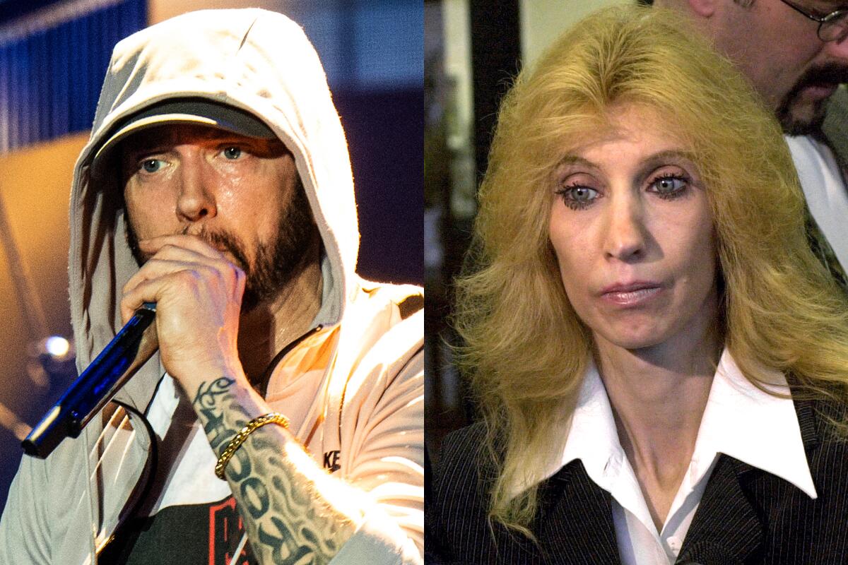 Eminem, left, wearing a gray hoodie and rapping into a mic. Debbie Nelson in a black jacket and white dress shirt.