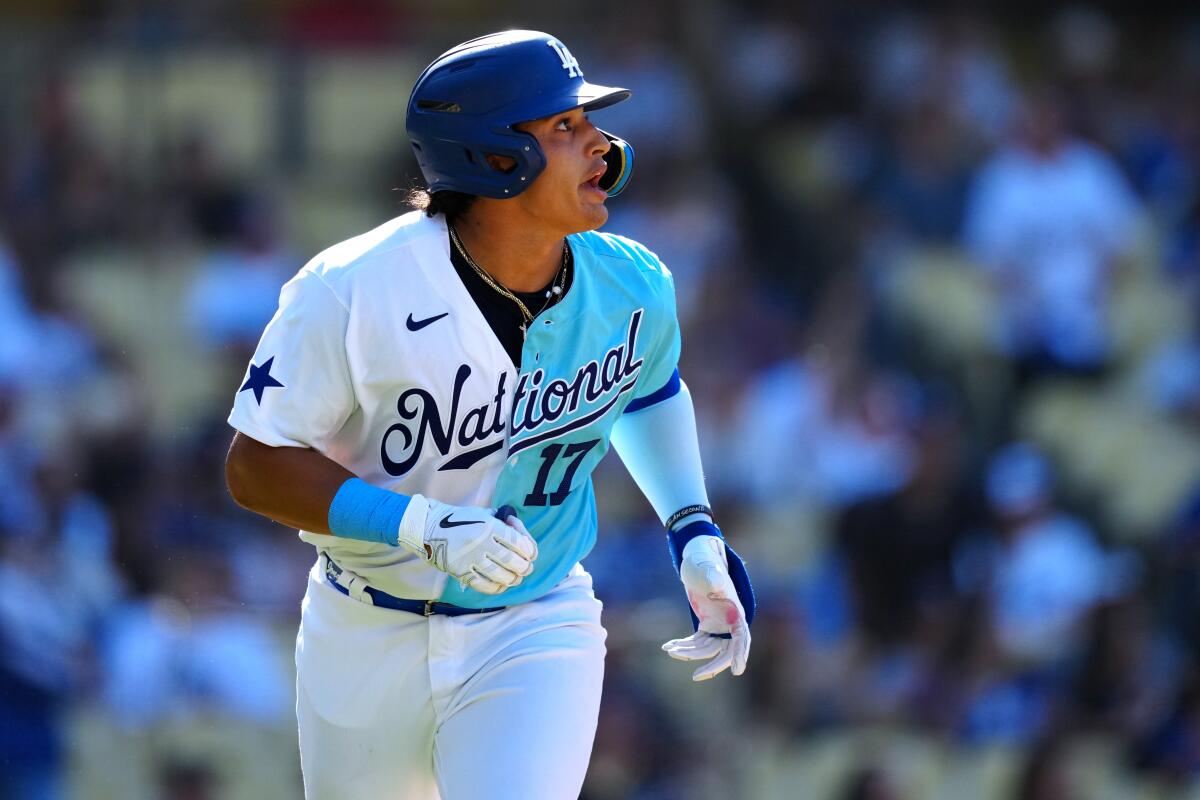 Dodgers catching prospect Diego Cartaya, 20, runs the bases during the Futures Game on Saturday at Dodger Stadium.