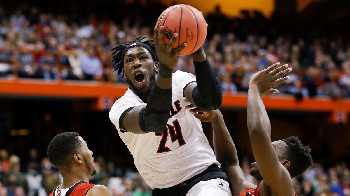 As a collegian at Louisville, Montrezl Harrell puts up a shot in an NCAA tournament game against North Carolina State on March 27, 2015.