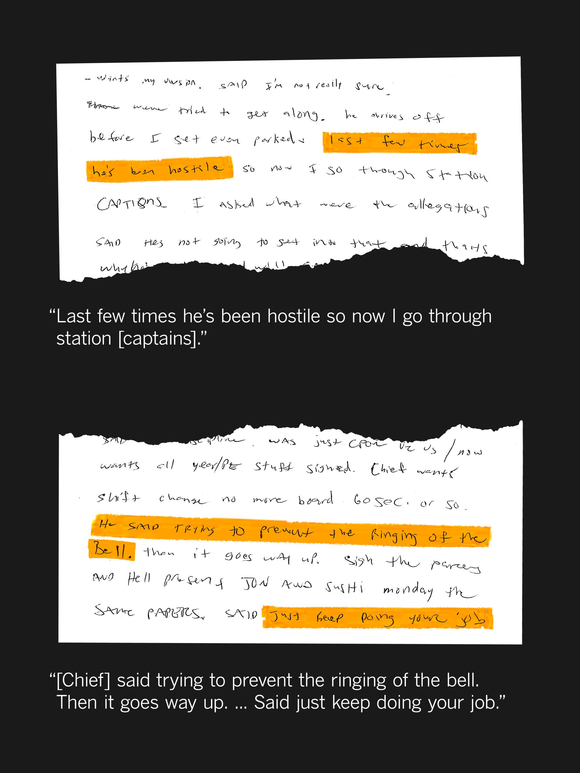 Handwritten notes "Last few times he’s been hostile.” “[Chief] said just keep doing your job.”