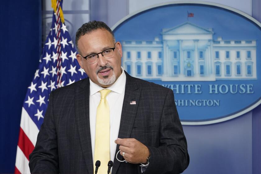 Education Secretary Miguel Cardona speaks during the daily briefing at the White House in Washington, Thursday, Aug. 5, 2021. (AP Photo/Susan Walsh)