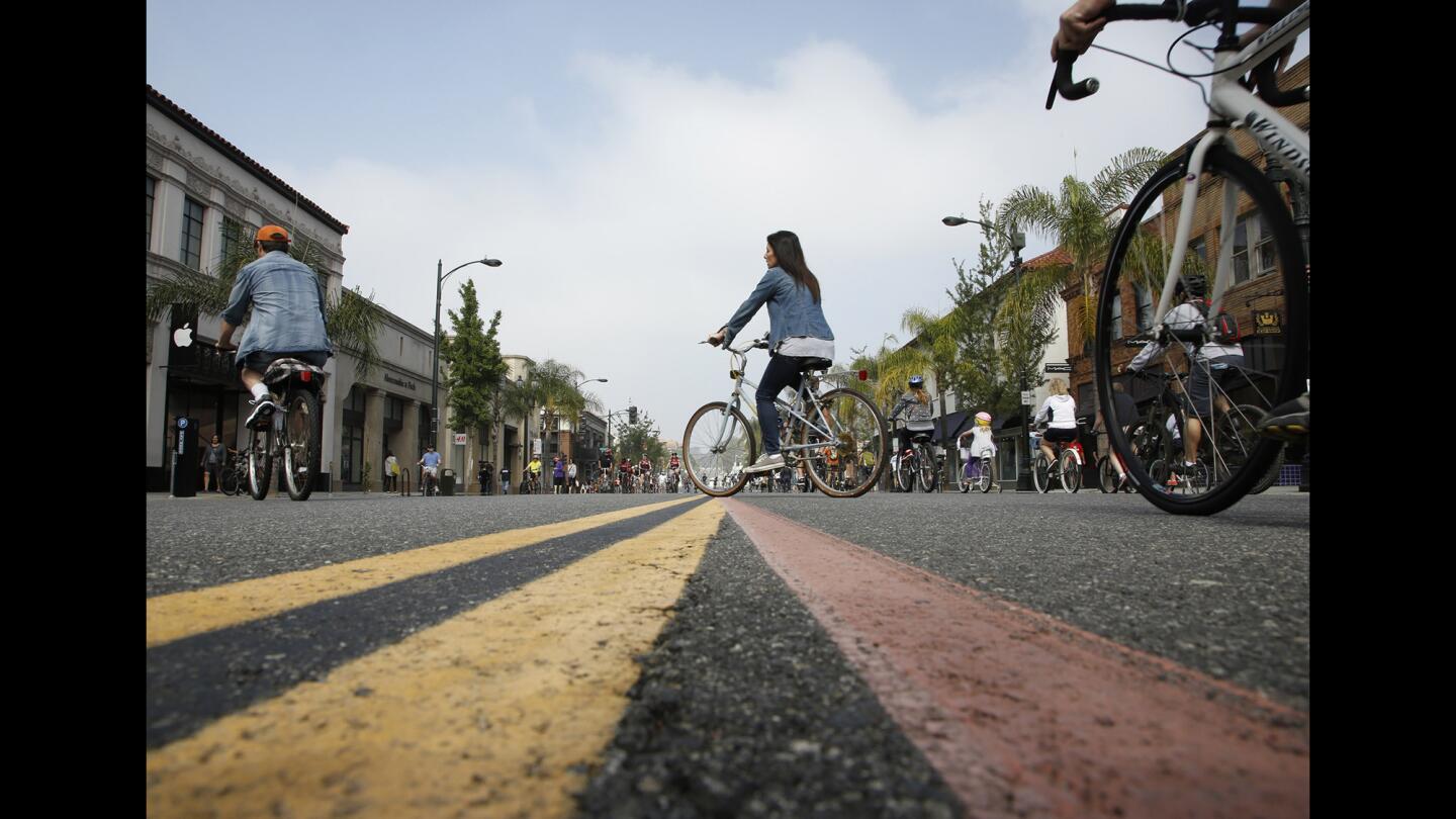 Bicyclists ride down Colorado Boulevard in Pasadena during CicLAvia.